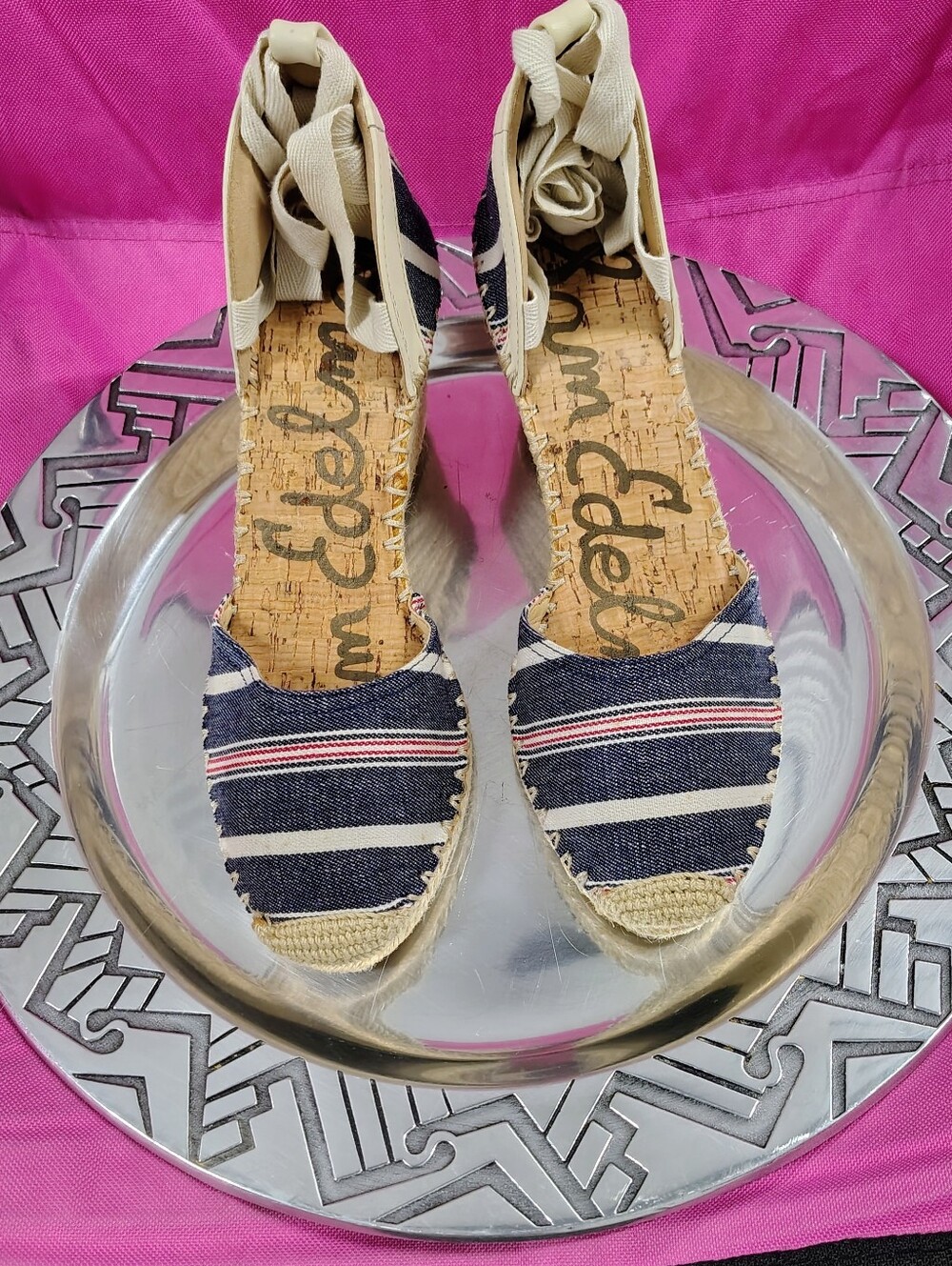 Sam Edelman Patsy Striped Blue Canvas Wedge Espadrille w Ankle Ties Sz 7.5.
